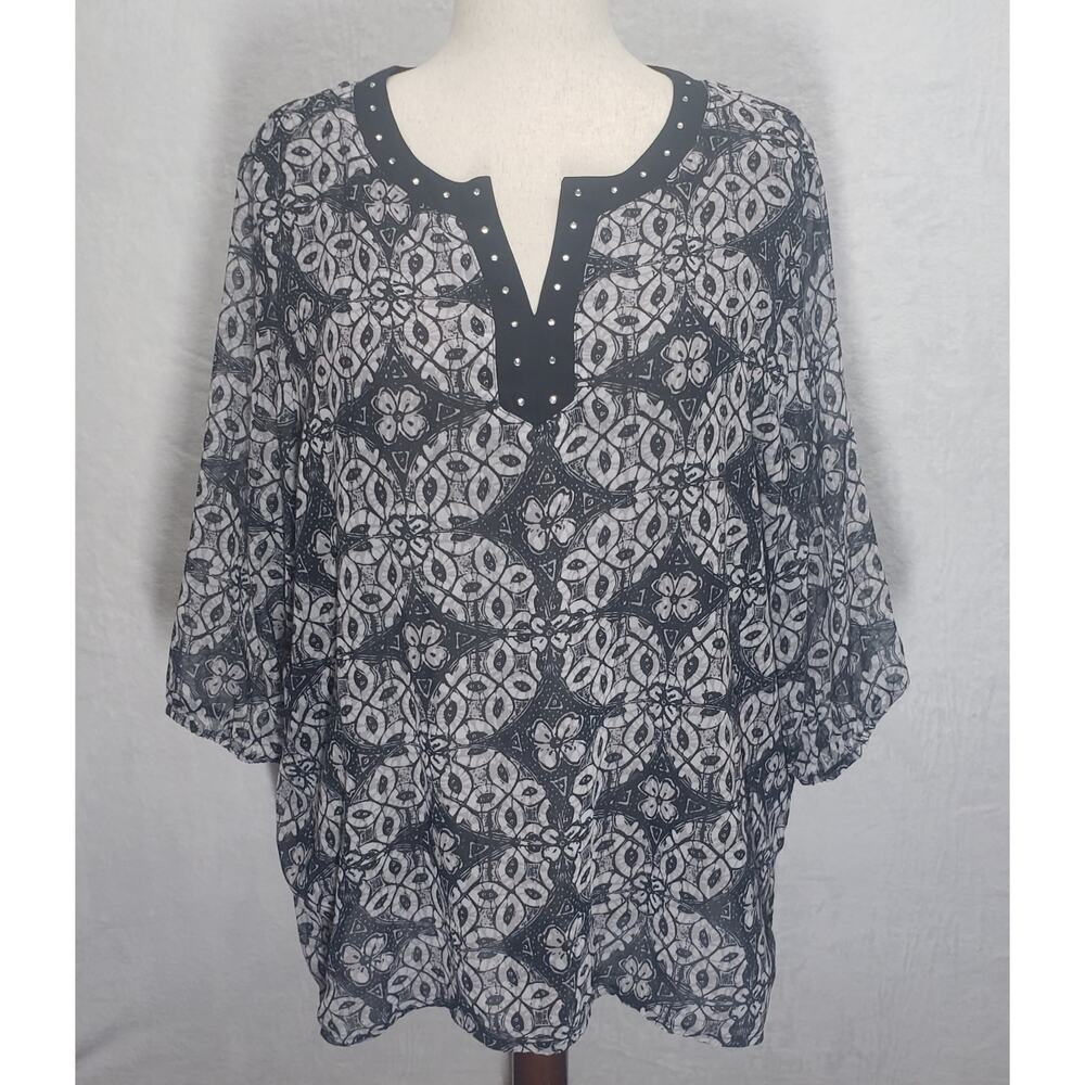 Cathy Daniels 3X Geometric Rhinestone Blouse Plus Black Gray Office Siren Top